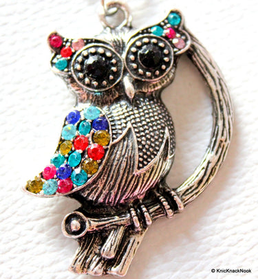 Silver Owl On Branch With Colourful Rhinestones Pendant